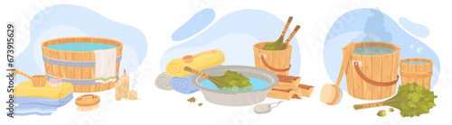 Sauna or banya tools and equipment composition set