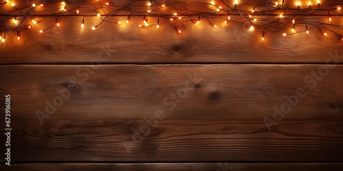 Lighted christmas lights on wooden background frame. Generative AI 