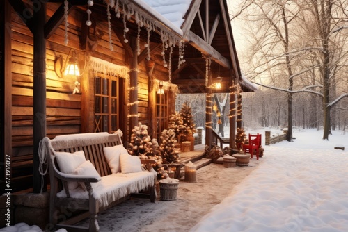 Festive cottage with cozy ambiance, adorned with christmas decorations and twinkling lights