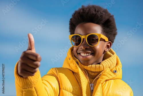 An African young man in a yellow jacket shows a thumbs-up against a blue sky. Generated by Ai . © index74
