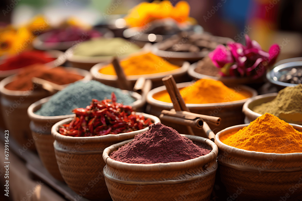 Fototapeta premium Especias de multiples colores en sacos, tarros y cajas viejas