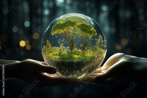 People holding the earth with Green Trees Reducing Global Warming Environment Day Collaborate to create green business and CSR preservation in the future. cooperation for sustainable save the world