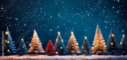 Miniature christmas trees on a blue night snowy background, Bokeh background with copy space, Christmas holidays wallpaper banner card