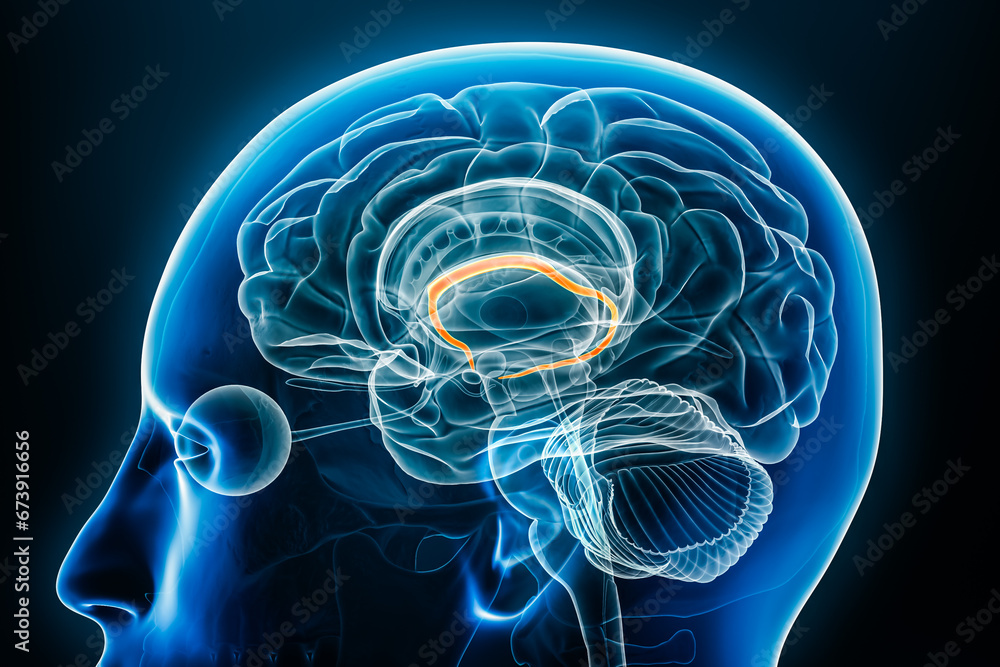 Fornix x-ray profile close-up view 3D rendering illustration with body contours. Human brain and limbic system anatomy, medical, biology, science, neuroscience, neurology concepts. Fornix x-ray profile close-up view 3D rendering illustration with body contours. Human brain and limbic system anatomy, medical, biology, science, neuroscience, neurology concepts.