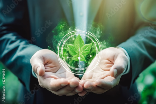 Hand holding a tree symbol circular ecology economy icon. Clean environment and ecology for green earth concept. Recycling and cleaning up the planet.