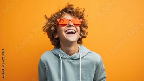 Portrait of a cute little boy laughing   isolated on colorful background.