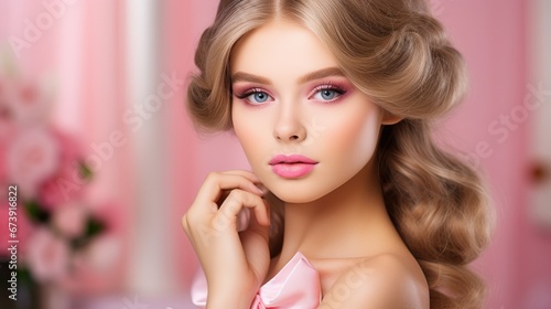 High fashion studio portrait of young woman   beautiful makeup on colorful background.