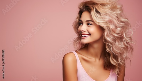 Portrait of a happy young woman laughing on a flat pink background.