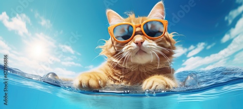funny cute cat Wearing sunglasses on ring floating in the sea