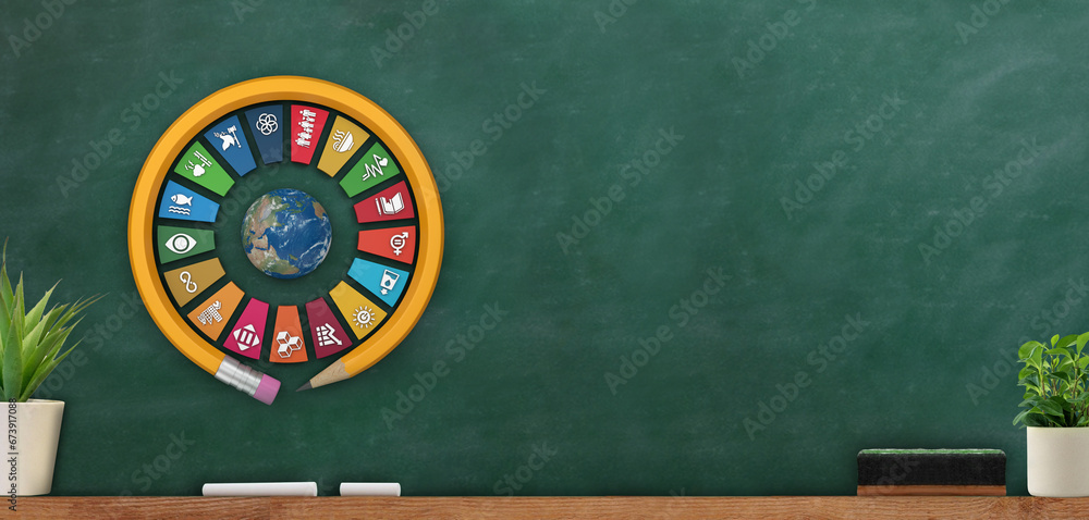 Green chalkboard, blackboard in wooden frame.  3D rendering Sustainable Development Wheel with round pencil. Corporate social responsibility - obrazy, fototapety, plakaty 