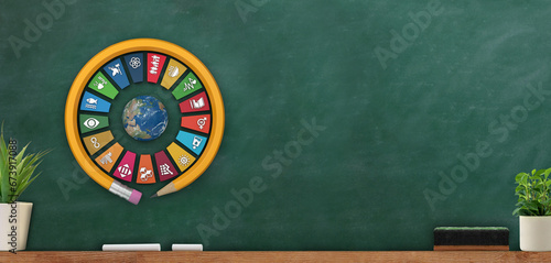 Green chalkboard, blackboard in wooden frame.  3D rendering Sustainable Development Wheel with round pencil. Corporate social responsibility