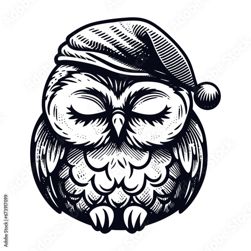 Photography cute sleeping owl wearing a nightcap sketch