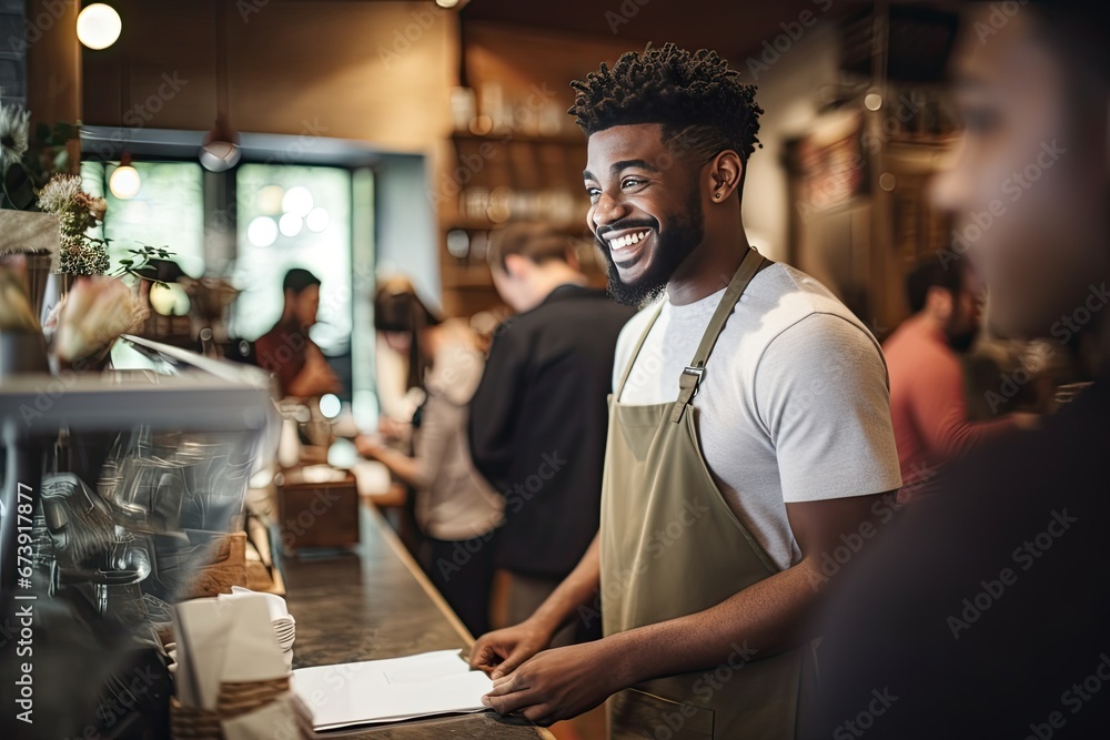 African American cheerful male barista is standing at counter in coffee shop.