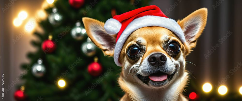 A dog wearing Santa Claus hat in front of a Christmas tree A dog wearing Santa Claus hat in front of a Christmas tree