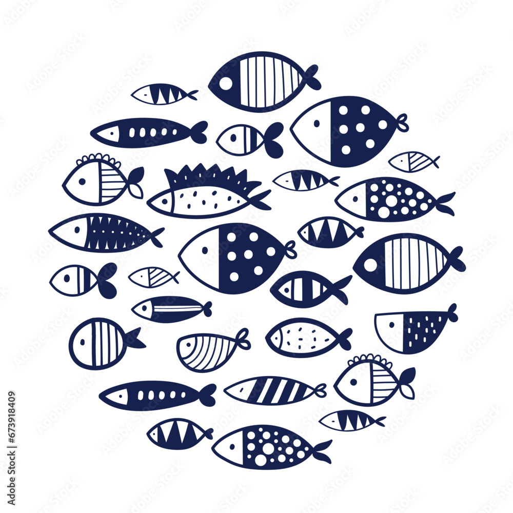 Blue fish. Postcartd. Cute illustration.
