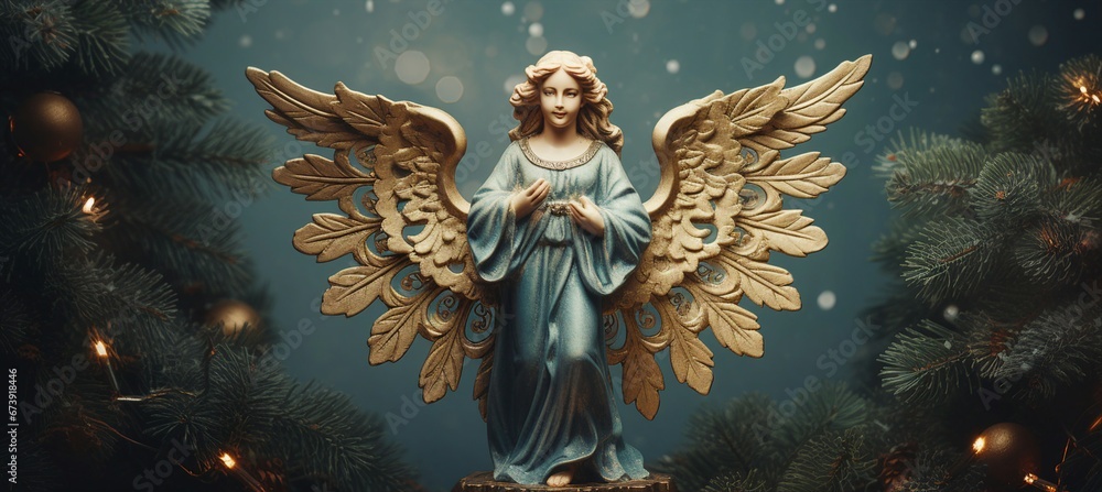 An Angelic Statue Illuminated by Festive Christmas Lights An Angelic Statue Illuminated by Festive Christmas Lights