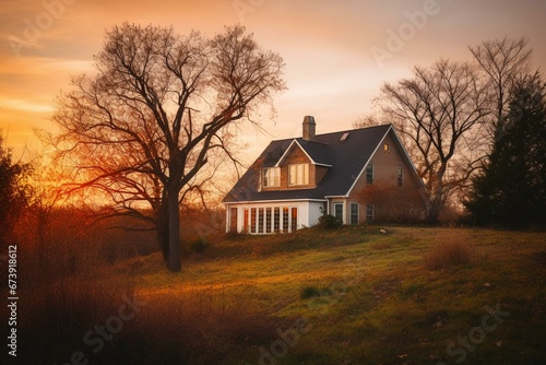 beautiful countryside home surrounded by trees, glowing windows at sunset. Generative AI
