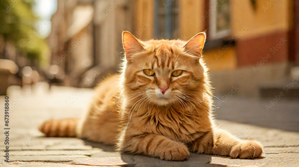 An adorable domestic cat sitting in the street during summer travel. An adorable domestic cat sitting in the street during summer travel.