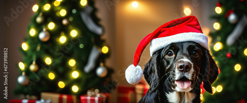 A dog wearing Santa Claus hat in front of a Christmas tree © KarlitoArt