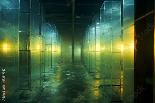 Unoccupied pale chamber illuminated by glowing lights. Generative AI