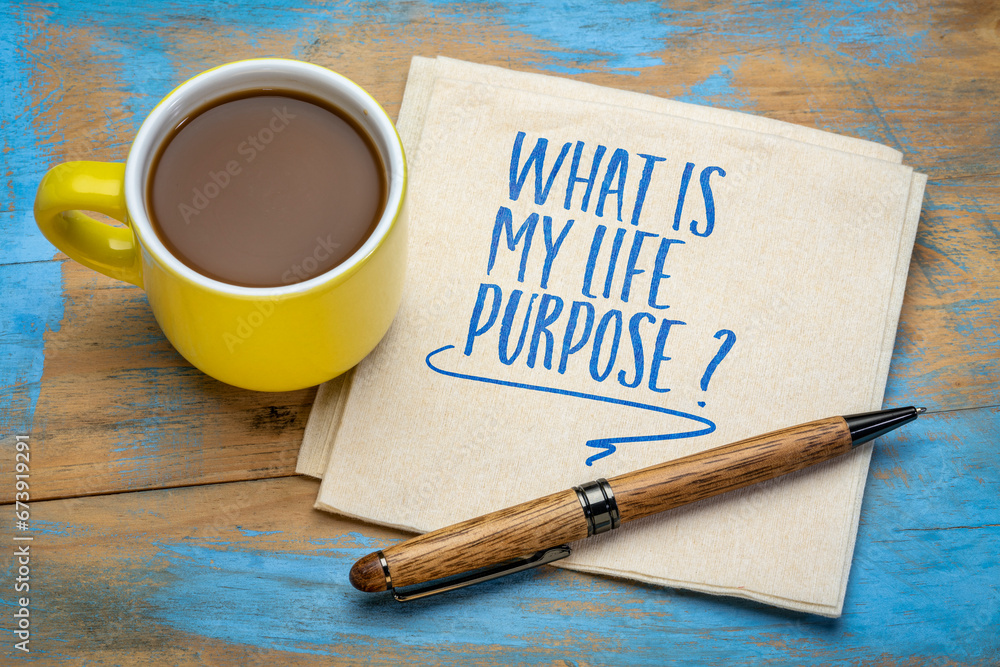 What is my life purpose? Self reflection question, handwriting on a napkin with a cup of coffee. Personal development concept. - obrazy, fototapety, plakaty 