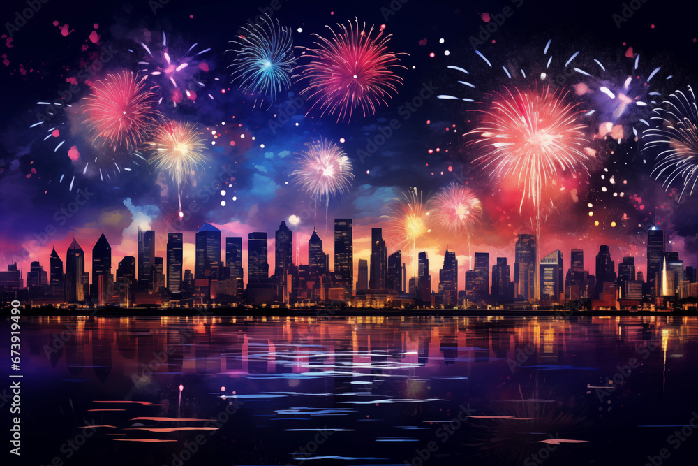 illustration of fireworks over the city, beautiful skyline, colourful sky