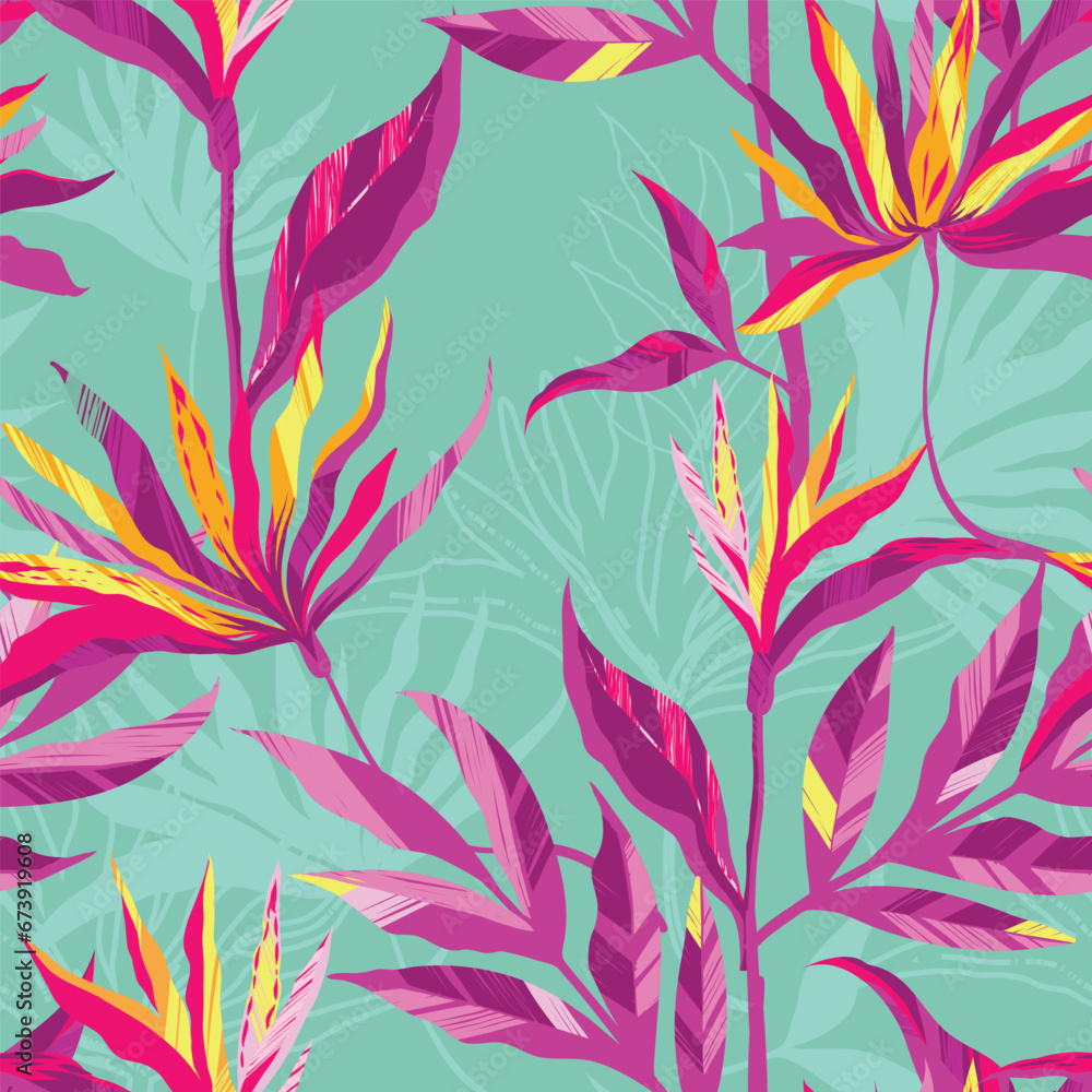 Abstract seamless tropical pattern with strelitzia, leaves, green background. Wild floral repeat ornament.