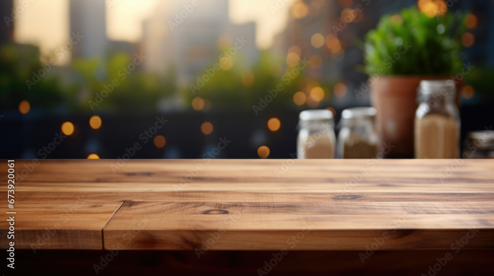 Empty beautiful wood table top counter and blur bokeh modern kitchen interior background in clean and bright,Banner, Ready for product montage Empty beautiful wood table top counter and blur bokeh modern kitchen interior background in clean and bright,Banner, Ready for product montage