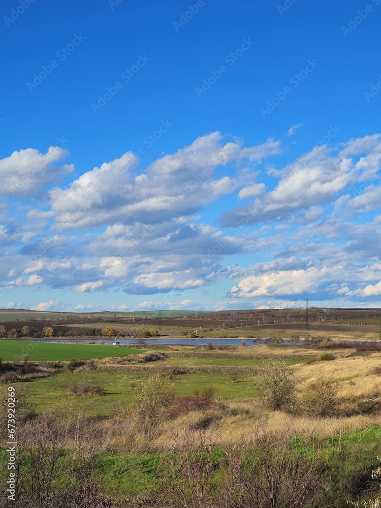 A field with grass and a blue sky with clouds