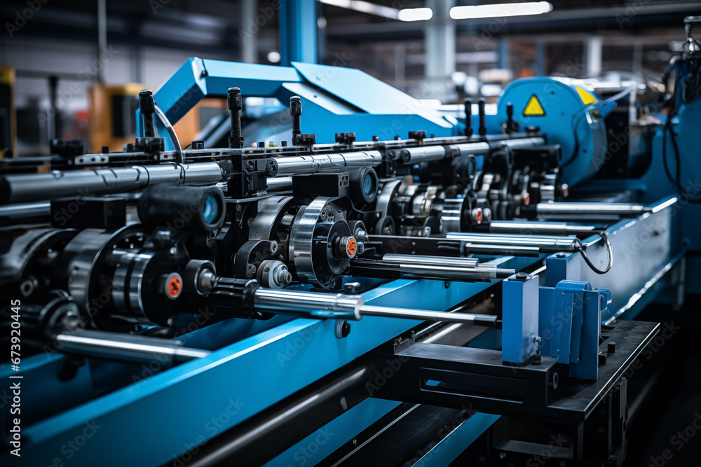 Fototapeta premium A close-up of a machine in a factory. The machine has a large metal arm with a gripper at the end. The gripper is holding a piece of metal.