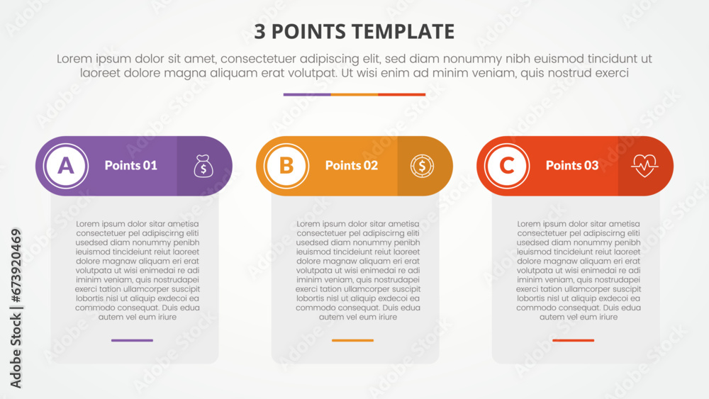 3 points stage template infographic concept for slide presentation with table box and round header with 3 point list with flat style