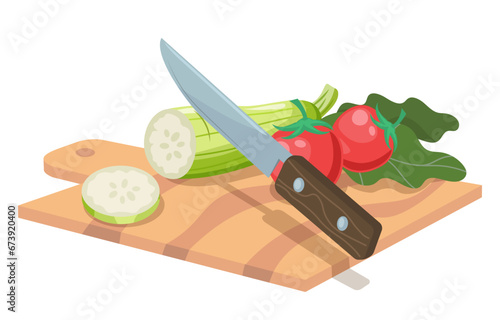 Knife cuts vegetables vector. Salad preparing. Cucumber with tomatoes and lettuce. Natural and organic food with vitamins. Cartoon flat vector illustration isolated on white background