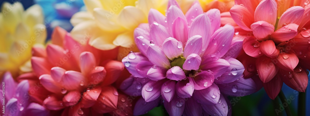 Bright dahlias with water droplets on petals against a soft blurred background.
