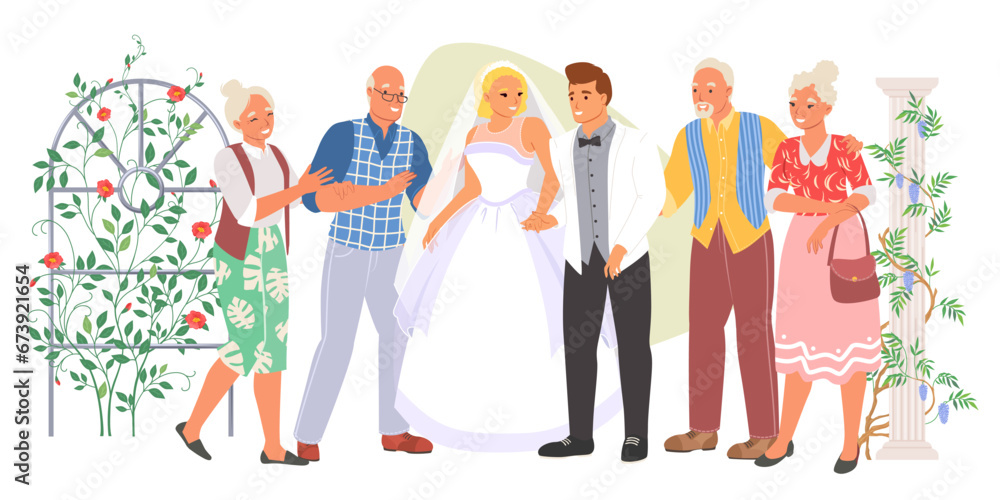 Marriage ceremony vector illustration with happy bride and groom