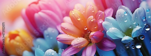Fresh multi-colored daisies with water drops on a bright, blurred background. 