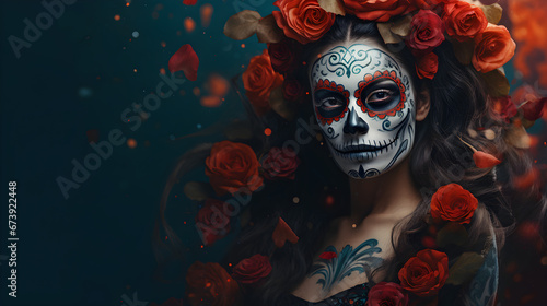 Girl with skull face paint and roses in hair celebrating Day of the Dead, wide banner, copys pace. Generative AI © PINKMAN