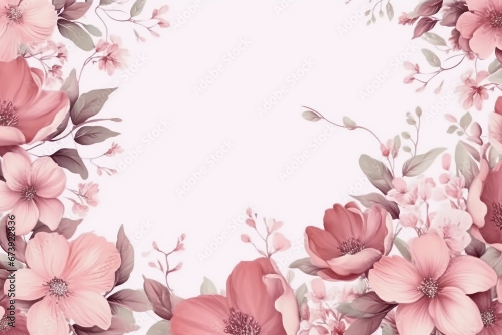 Pink flowers border with vintage watercolor pattern. Pastel colors for cards, wedding, or fabric. Generative AI