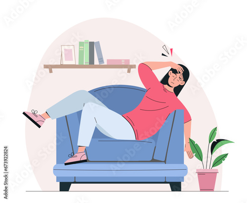 Exhausted woman at home. Young girl lies at sofa. Person with head ache and diseases. Migraine and problems. Housewife with emotional burnout and frustration. Cartoon flat vector illustration