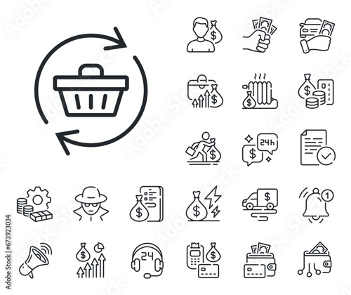 Online buying sign. Cash money, loan and mortgage outline icons. Update Shopping cart line icon. Supermarket basket symbol. Refresh cart line sign. Credit card, crypto wallet icon. Vector