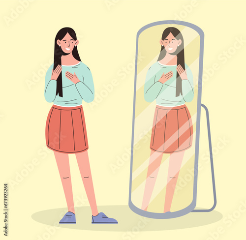 Woman near mirror concept. Young girl look at her reflection. Person in casual clothes and apparel. Fashionable and trendy wear. Aesthetics and elegance. Cartoon flat vector illustration
