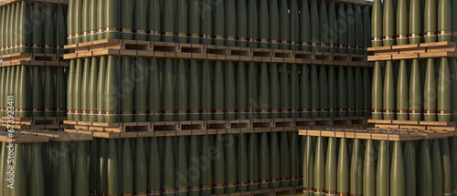 Rows of Stacked in Pallets 155mm Artillery Rounds - Standard NATO Caliber Army Shells Package
