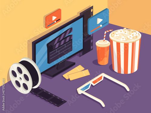Film elements isometric set. 3D glasses near film tape, tickets and basket with soda. Computer monitor with movie or series. Cartoon 3D vector collection isolated on violet and yellow background