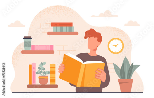Man in library concept. Young guy with textbook or fiction. Student with open book. Education, learning and training. Person in university or school. Cartoon flat vector illustration