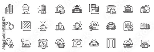 Icons pack as Sports stadium, Lighthouse and Skyscraper buildings line icons for app include Open door, Square area, Market sale outline thin icon web set. Night city, Lease contract. Vector