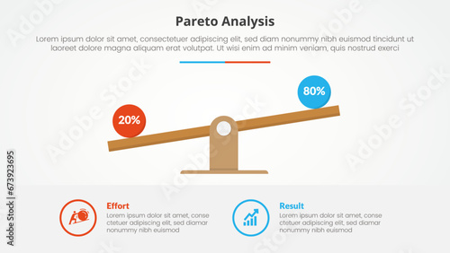 pareto principle analysis 80 20 rule template infographic concept for slide presentation with wooden scales and circle box information with 2 point list with flat style