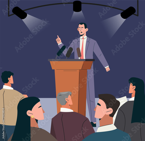 Man public speaker concept. Huy in suit perform for public. Presentation and press conference of company. Employees and directors at seminar, business lecture. Cartoon flat vector illustration