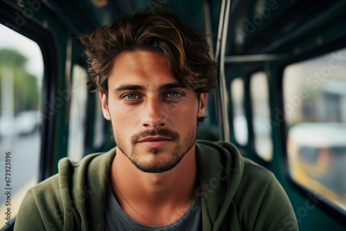 Generative AI portrait of traveler person using public transport have trip tourist subway train bus photo