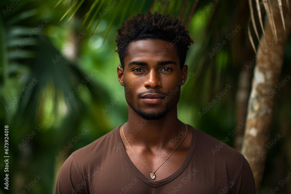 Photography of handsome nice man traveling in tropical island green rainforest generative AI Photography of handsome nice man traveling in tropical island green rainforest generative AI