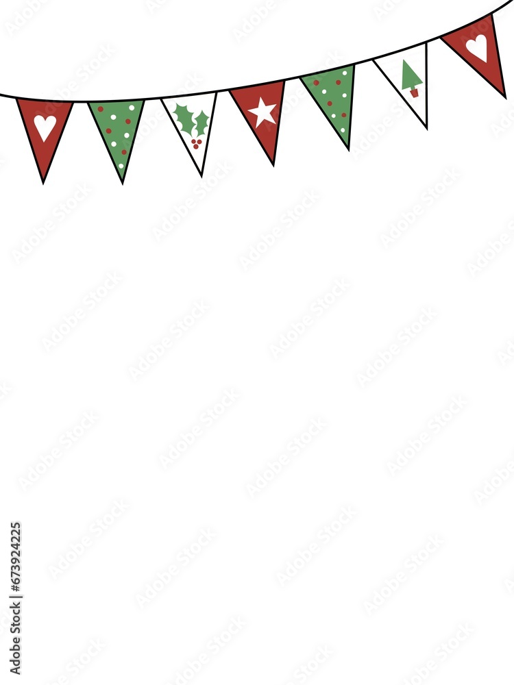 Obraz premium Christmas bunting decorated with holly leaf, Christmas tree, star and heart motifs.. This trendy, fun illustration has been created in a cartoon style in festive colours.