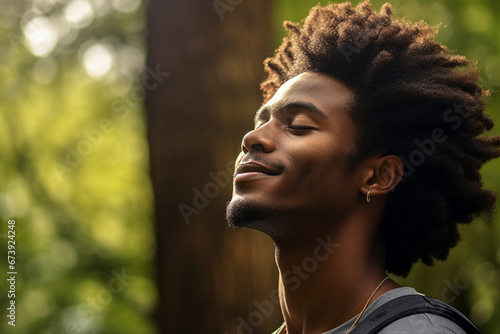 Generative AI picture portrait of yoga person enjoying connection with nature meditating outdoors early morning